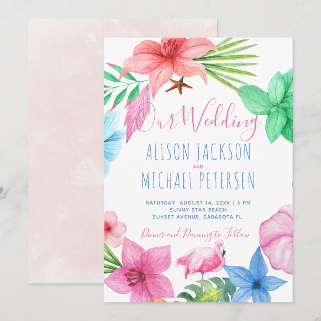 Beach Hawaiian tropical floral wreath wedding Invitation (Front/Back)