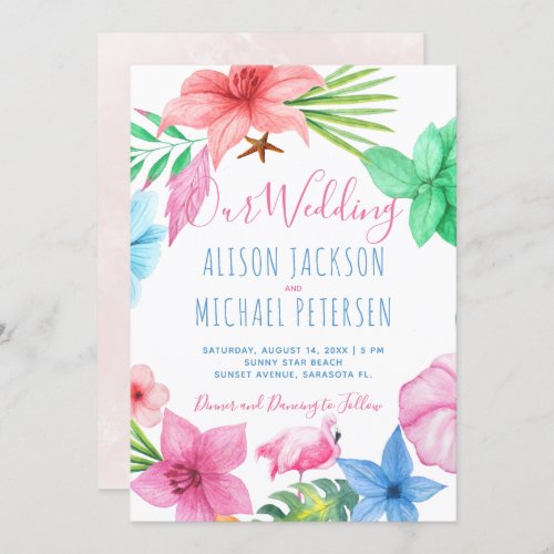 Beach Hawaiian tropical floral wreath wedding Invitation