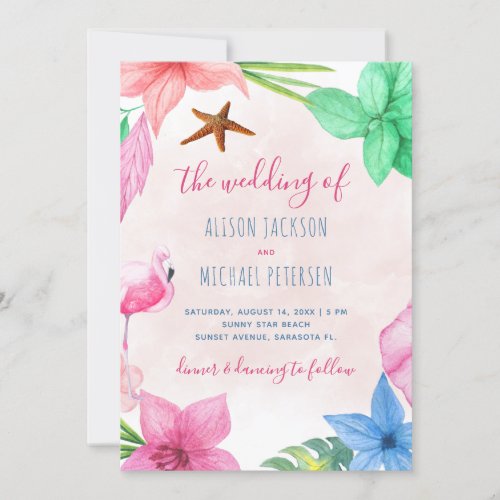 Beach Hawaiian tropical floral wreath wedding Invitation