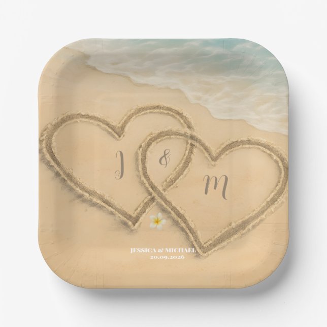 Beach Heart Custom Wedding Sand & Sea Paper Plates (Front)