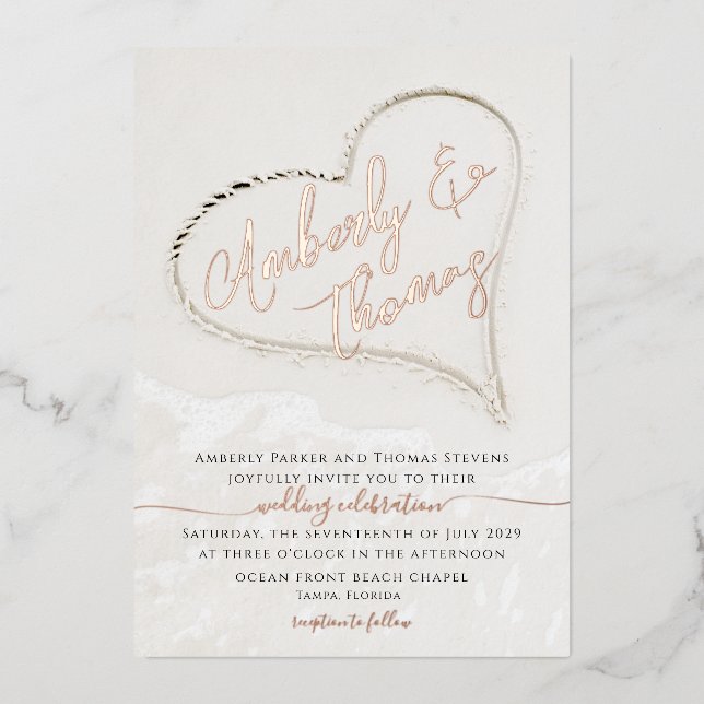 Beach Heart in the Sand Wedding Foil Invitation (Front)