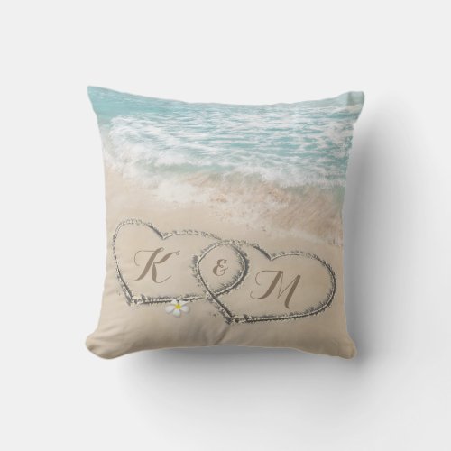 Beach Heart Wedding Couple Gift Throw Pillow - Personalized beach themed pillow featuring a picture of tropical blue sea, a vintage sandy beach with two hearts in the shoreline, and your initials.