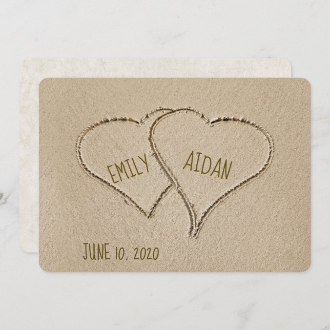 Beach Hearts in sand for wedding invite (Front/Back)