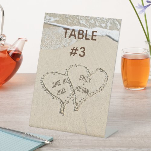 Beach Hearts in Sand Table Number Pedestal Sign