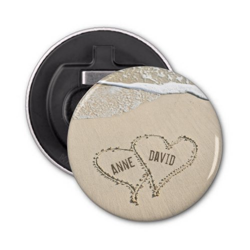 Beach Hearts In Sand with Names Bottle Opener