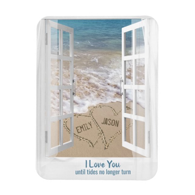 Beach Hearts in Window with Names Magnet (Vertical)