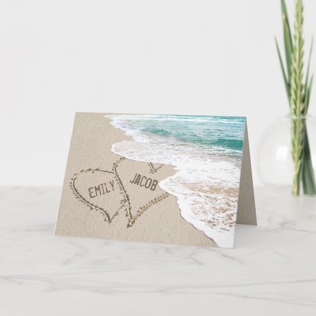Beach Hearts On Sand with Names Card (Front)