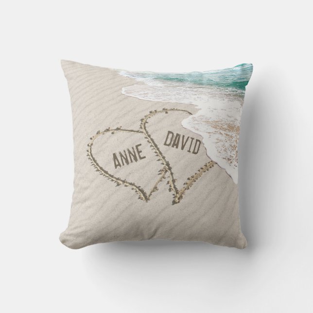 Beach Hearts On Sand with Names Throw Pillow (Front)