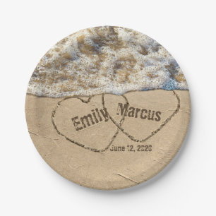 Beach hearts with names in sand for wedding paper plates