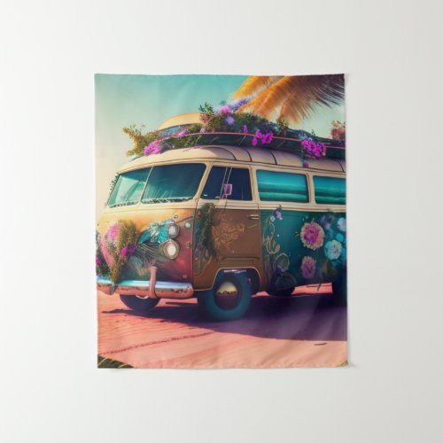 Beach Hippie Van Trippy Flowers Boho Colorful  Tapestry