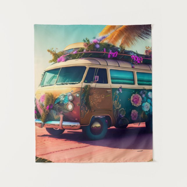 Beach, Hippie Van, Trippy Flowers, Boho, Colorful  Tapestry (Front)