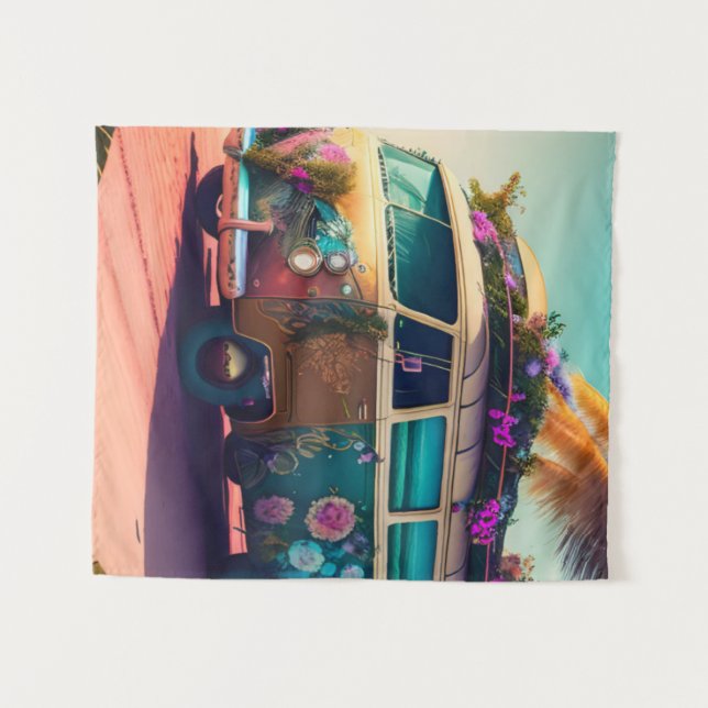 Beach Hippie Van Trippy Flowers Boho Colorful Tapestry Zazzle