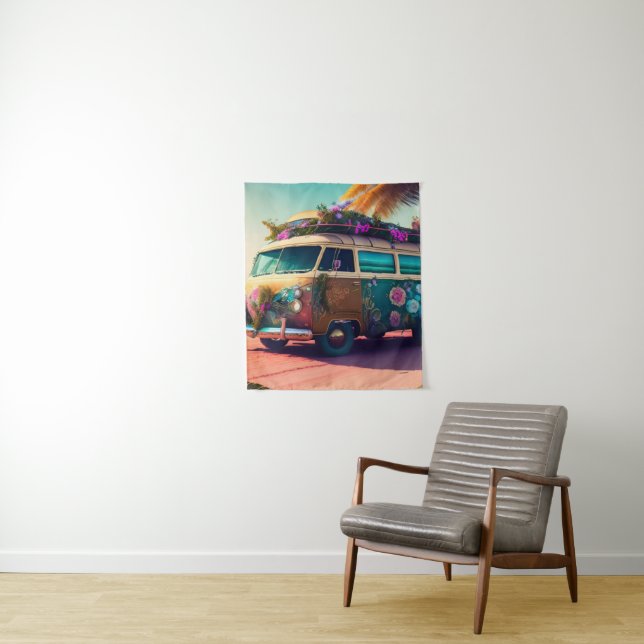 Beach Hippie Van Trippy Flowers Boho Colorful Tapestry Zazzle