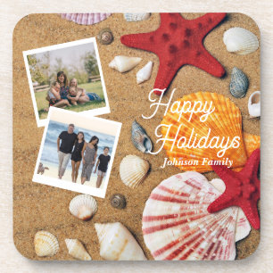Beach Holiday Coastal Sand Seashells Family Photo Beverage Coaster