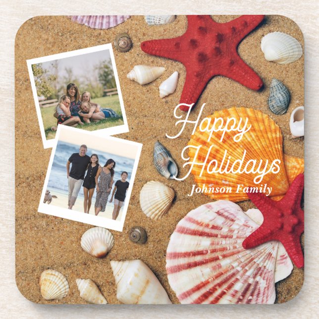 Beach Holiday Coastal Sand Seashells Family Photo Beverage Coaster (Front)