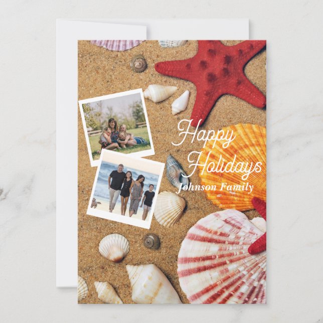 Beach Holiday Coastal Sand Seashells Family Photo Card (Front)