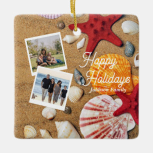 Beach Holiday Coastal Sand Seashells Family Photo Ceramic Ornament