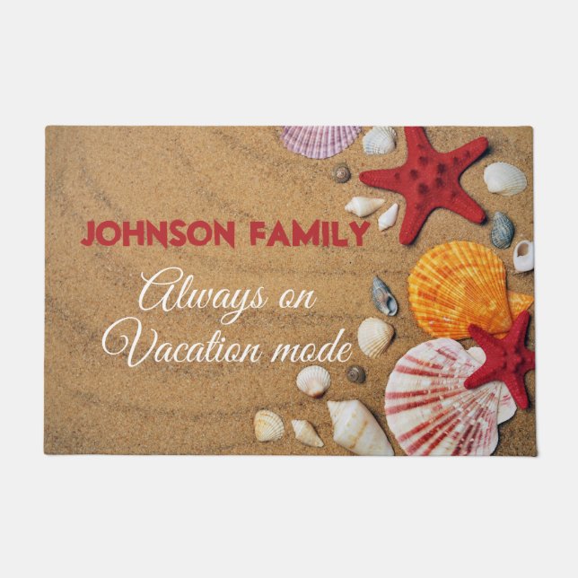 Beach Holiday Coastal Sand Seashells Family Photo Doormat (Front)