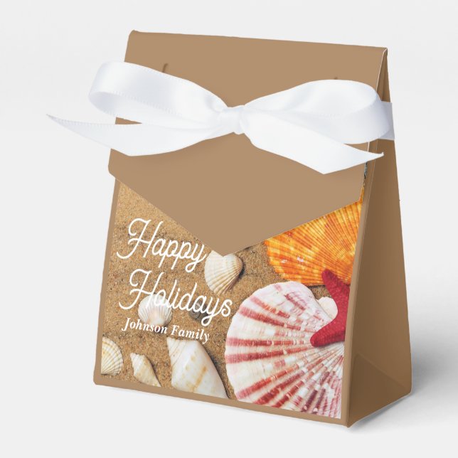 Beach Holiday Coastal Sand Seashells Family Photo Favor Boxes (Front Side)
