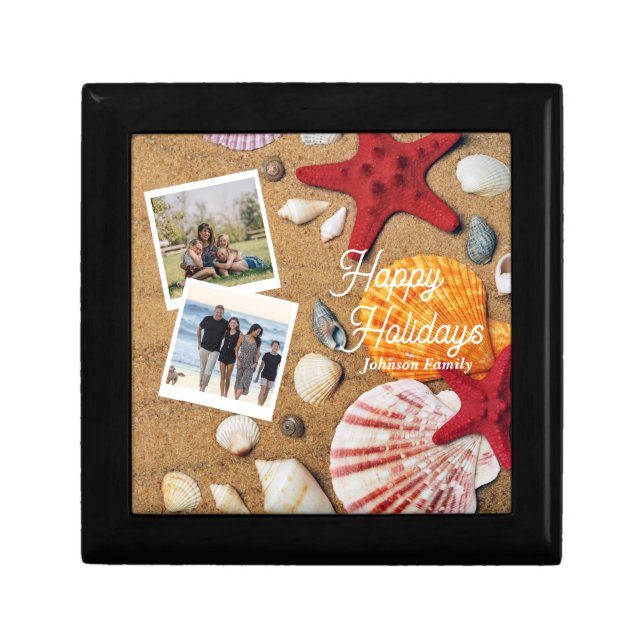Beach Holiday Coastal Sand Seashells Family Photo Gift Box (Front)