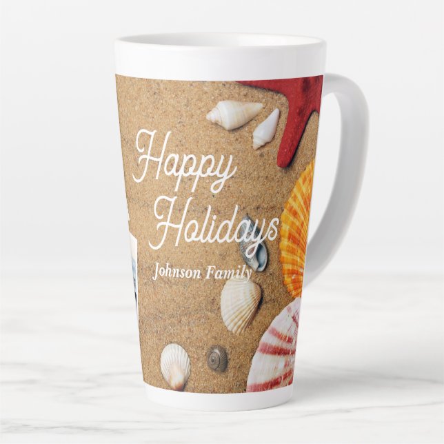 Beach Holiday Coastal Sand Seashells Family Photo Latte Mug (Right Angle)