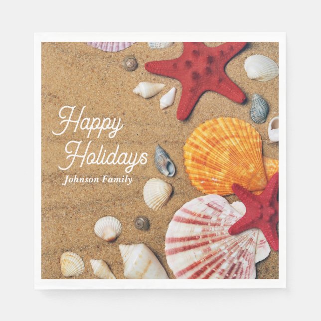 Beach Holiday Coastal Sand Seashells Family Photo Napkins (Front)