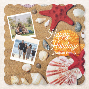 Beach Holiday Coastal Sand Seashells Family Photo Paper Coaster