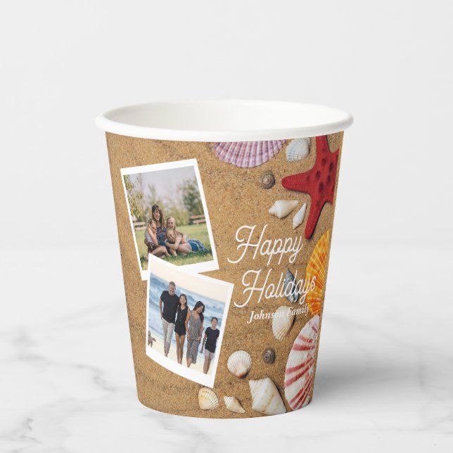 Beach Holiday Coastal Sand Seashells Family Photo Paper Cups (Front)
