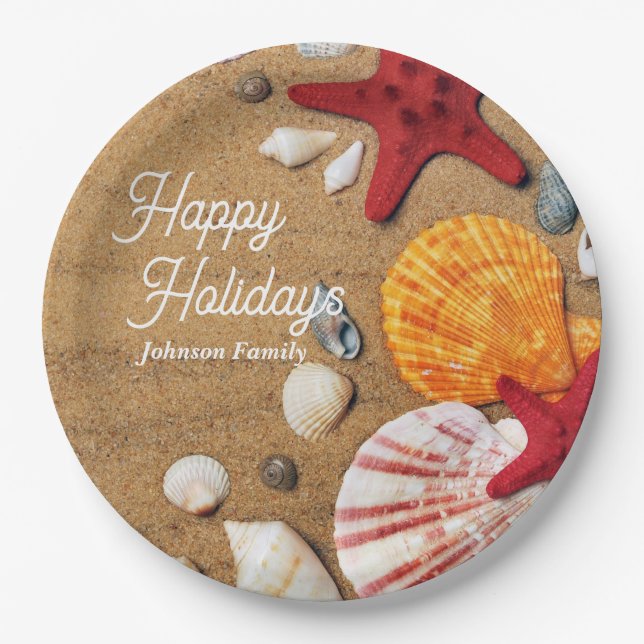 Beach Holiday Coastal Sand Seashells Family Photo Paper Plates (Front)