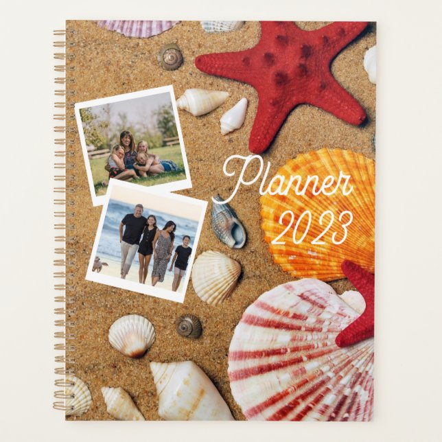 Beach Holiday Coastal Sand Seashells Family Photo Planner (Front)