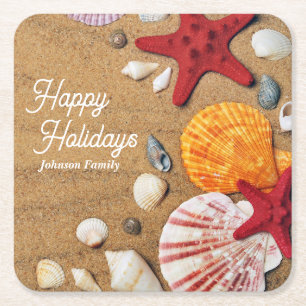 Beach Holiday Coastal Sand Seashells Family Photo Square Paper Coaster
