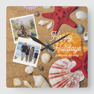 Beach Holiday Coastal Sand Seashells Family Photo Square Wall Clock