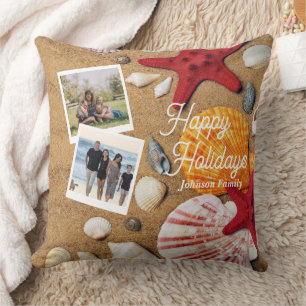 Beach Holiday Coastal Sand Seashells Family Photo Throw Pillow