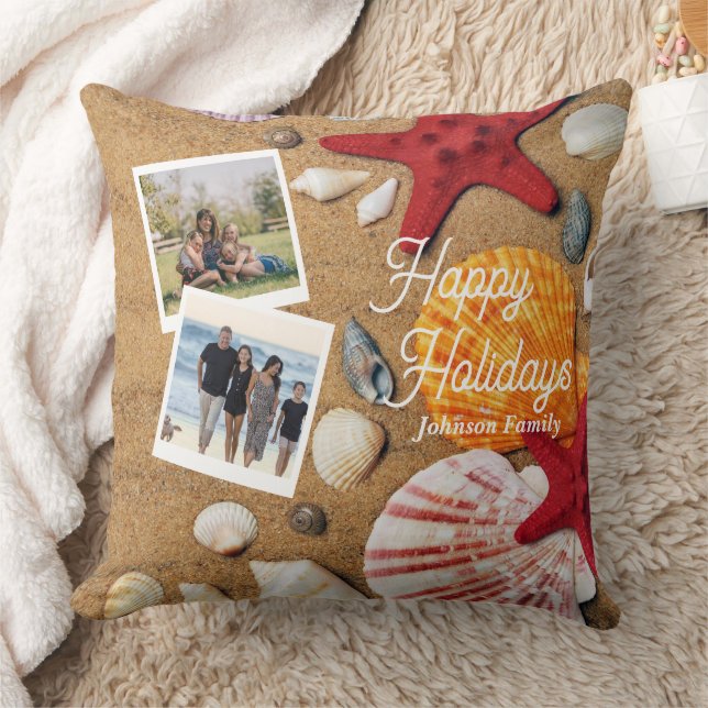 Beach Holiday Coastal Sand Seashells Family Photo Throw Pillow (Blanket)