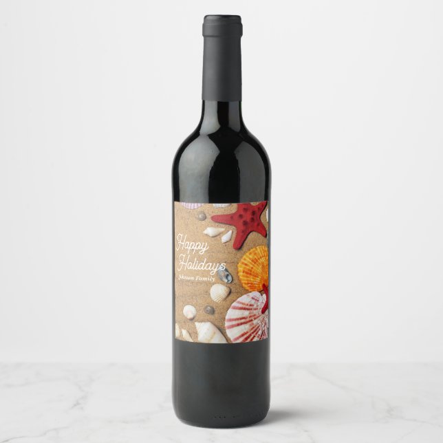 Beach Holiday Coastal Sand Seashells Family Photo Wine Label (Front)