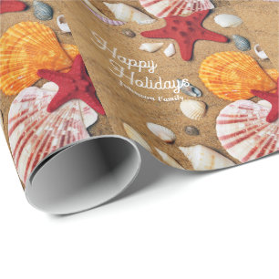 Beach Holiday Coastal Sand Seashells Family Photo Wrapping Paper