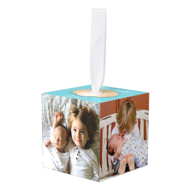 Beach Holiday Seashell 4 Family Photos & Name Cube Ornament (Front Angled)