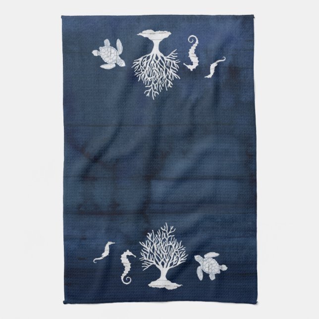 Beach Home Bath Navy White Seahorse Turtle Coral Kitchen Towel (Vertical)