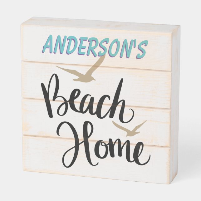 Beach Home, Personalize With Family Name Wooden Box Sign (Angled Horizontal)