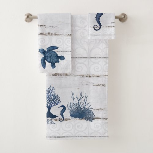 Beach Home Watercolor Wooden Seahorse Turtle Coral Bath Towel Set