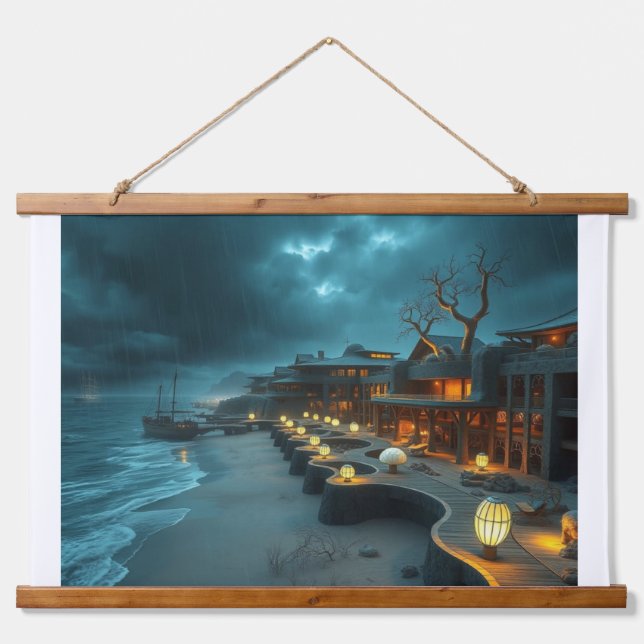 Beach Hotel Stormy Skies Hanging Tapestry (Front)