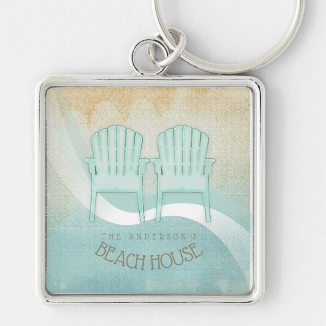 Beach House Adirondack Chairs Aqua Blue ID623 Keychain (Front)