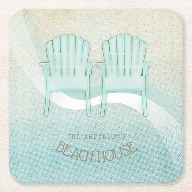 Beach House Adirondack Chairs Aqua Blue ID623 Square Paper Coaster (Front)