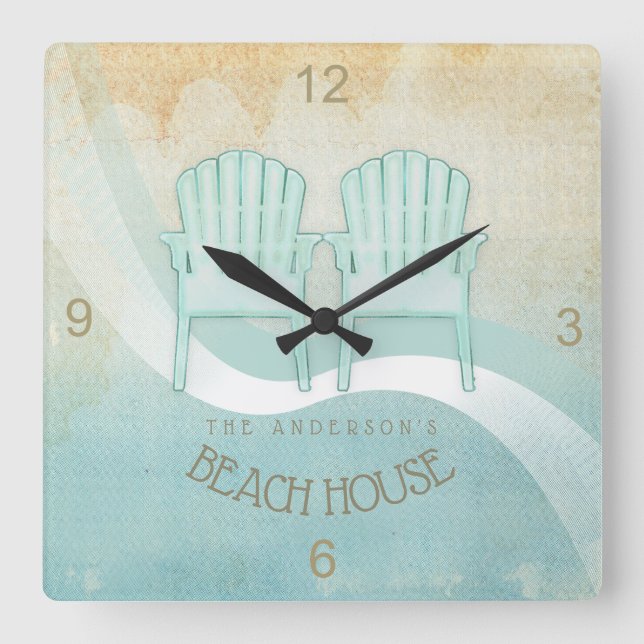Beach House Adirondack Chairs Aqua Blue ID623 Square Wall Clock (Front)