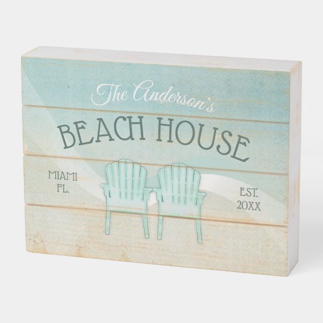 Beach House Adirondack Chairs Aqua Blue ID623 Wooden Box Sign (Angled Horizontal)
