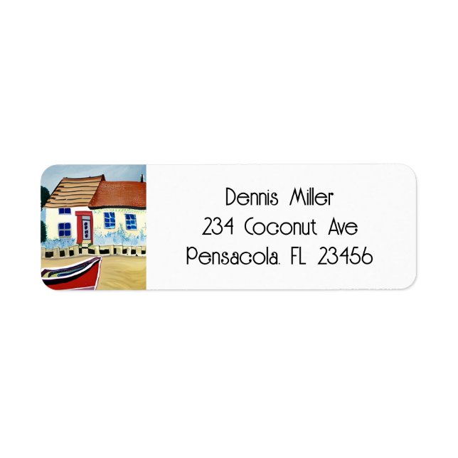 Beach House and Boat Abstract Illustration Label (Front)
