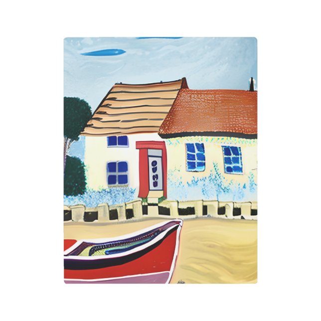 Beach House and Boat on Sandy Beach Metal Print (Front)