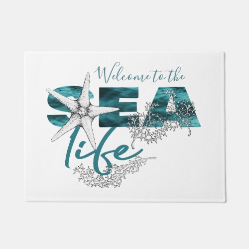 Beach house  aqua blue sea life typography welcome doormat