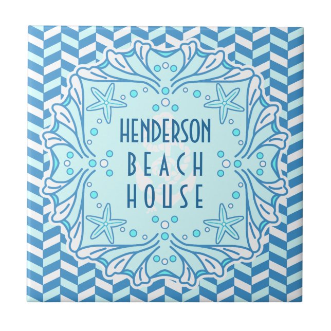 Beach House Art Deco Shell and Herringbone Custom Ceramic Tile (Front)