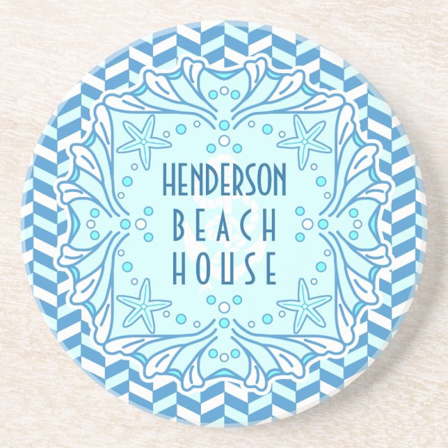 Beach House Art Deco Shell and Herringbone Custom Coaster (Front)